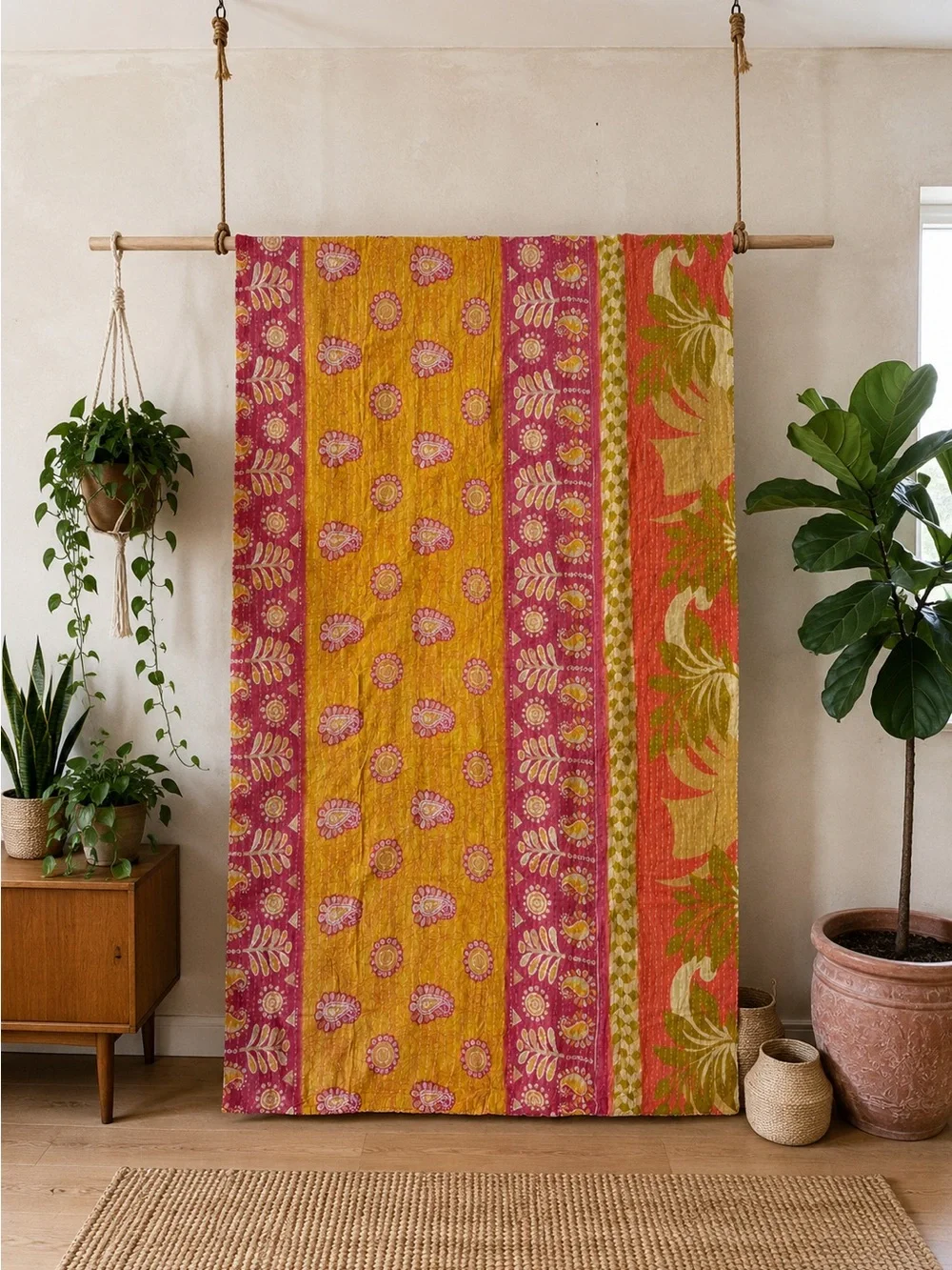 Handmade Reversible Indian Vintage Twin Size Kantha Quilt